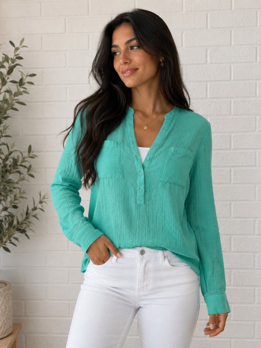Old Navy Mint Green Crinkle Cotton Gauze Henley Tunic Blouse Top Size Small
